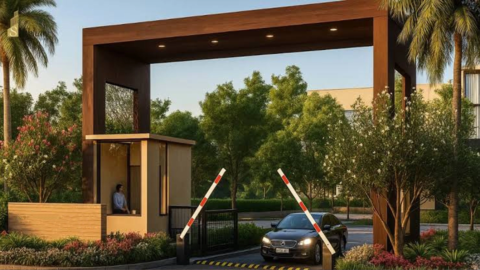 Gated community internal road with landscaping