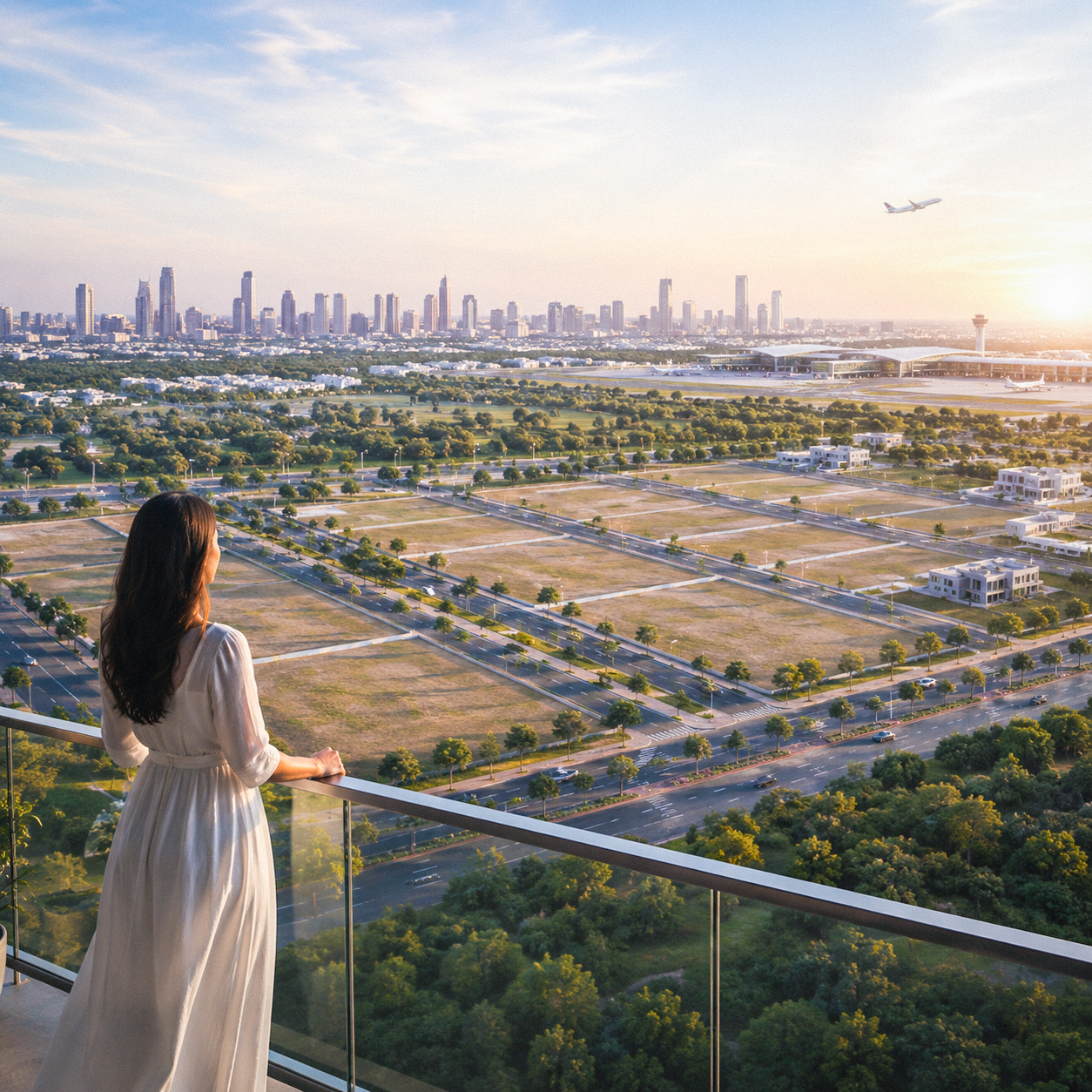 Landscaped gated plotting layout with tree-lined roads